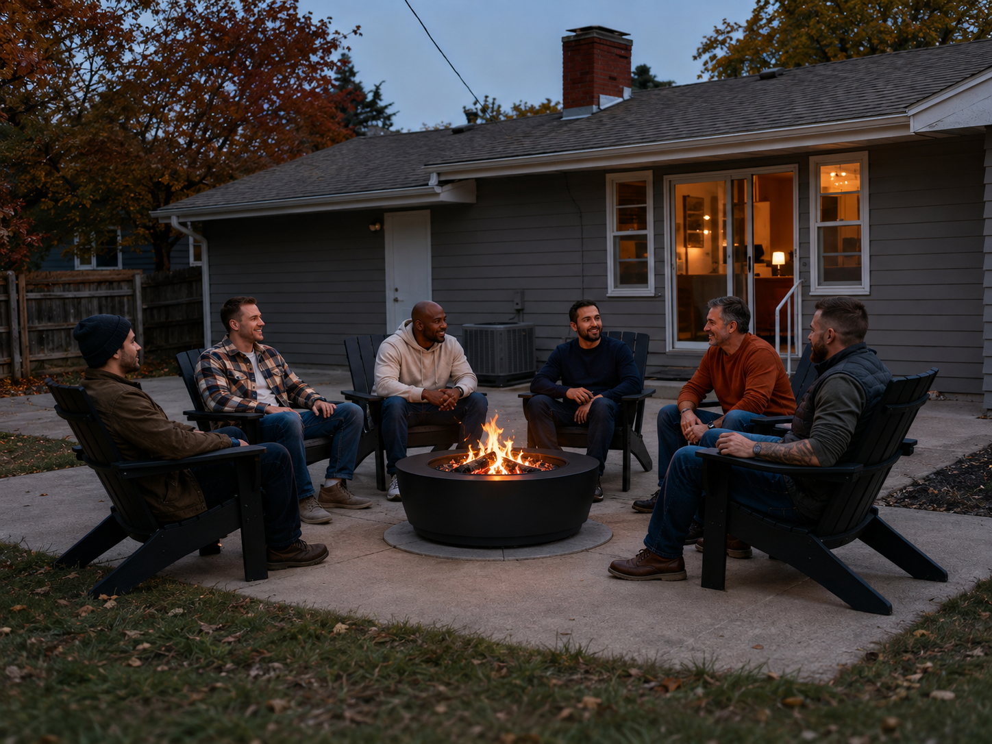 RCVRY HOUSE participants gathered around a backyard fire pit — community and connection