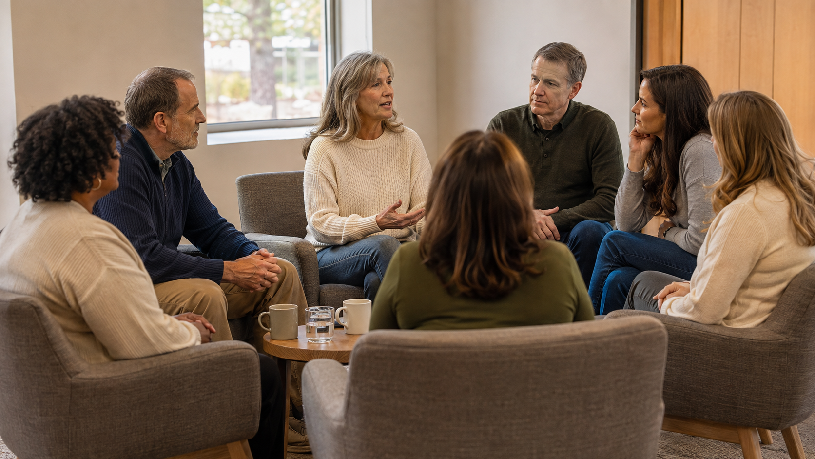 Family support group in discussion — parents and spouses learning how to support recovery
