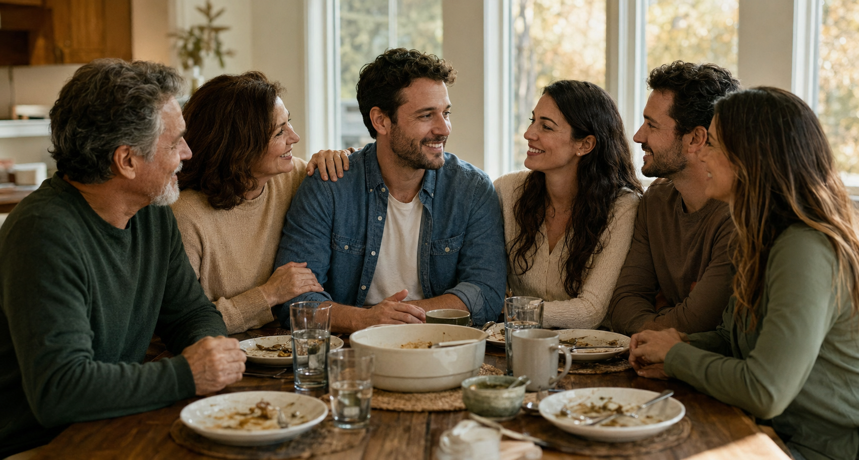 Multi-generational family gathered around a dinner table — reconnection and support