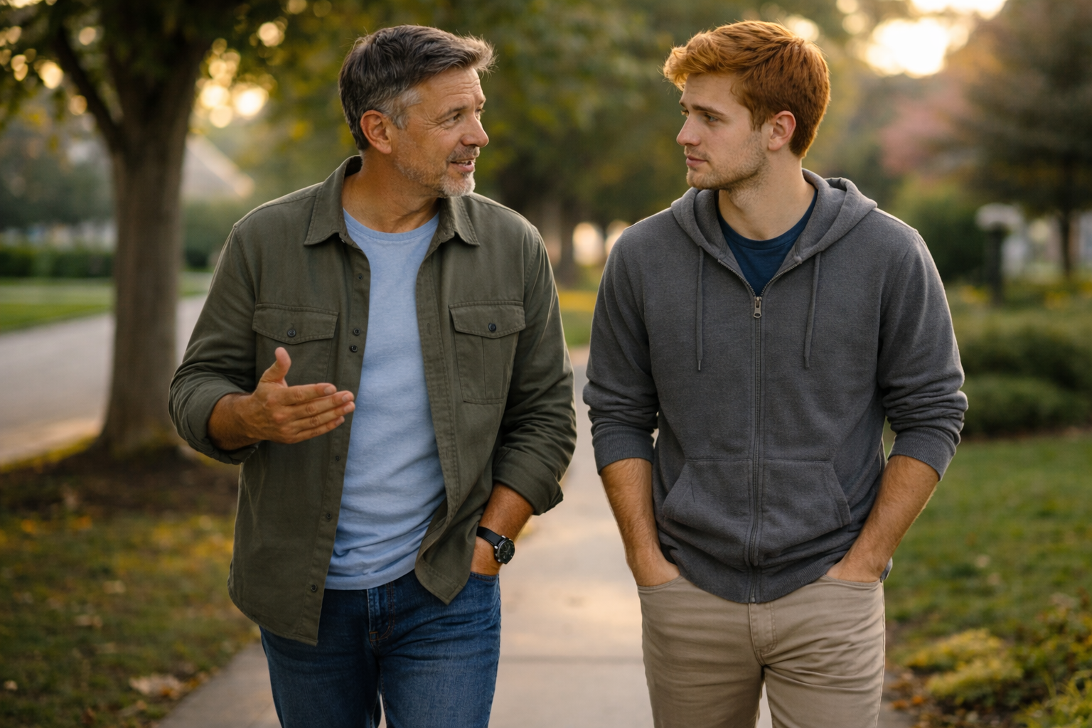 Recovery coach walking and talking one-on-one with a program participant