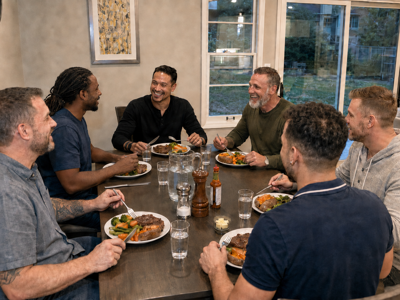 Participants sharing a meal together at RCVRY HOUSE