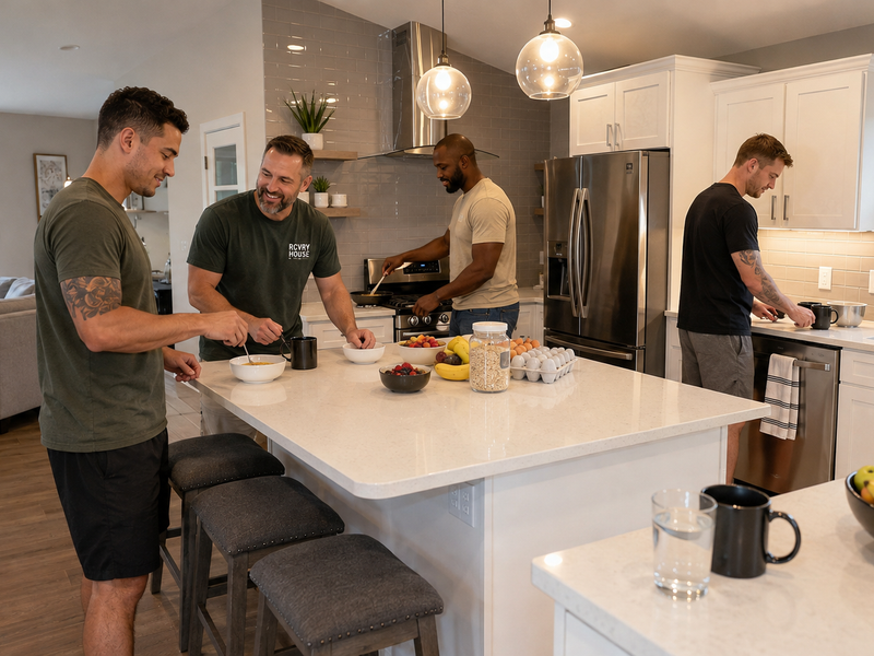 RCVRY HOUSE participants cooking together in the kitchen — Omaha sober living