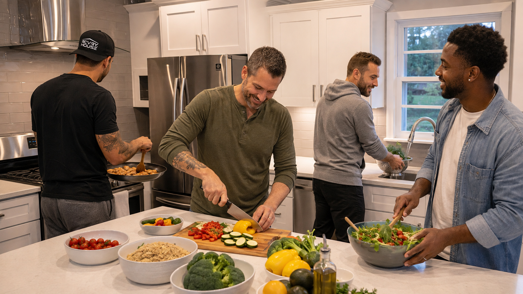 Program participants cooking dinner together