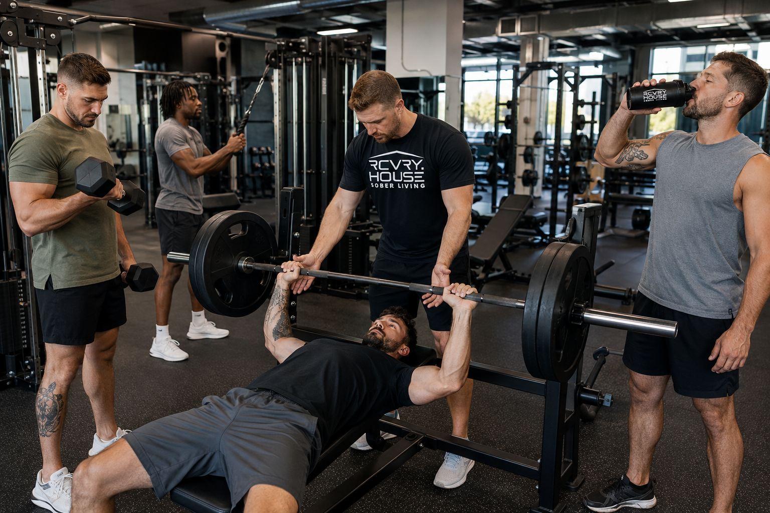 RCVRY HOUSE participants working out together at the gym