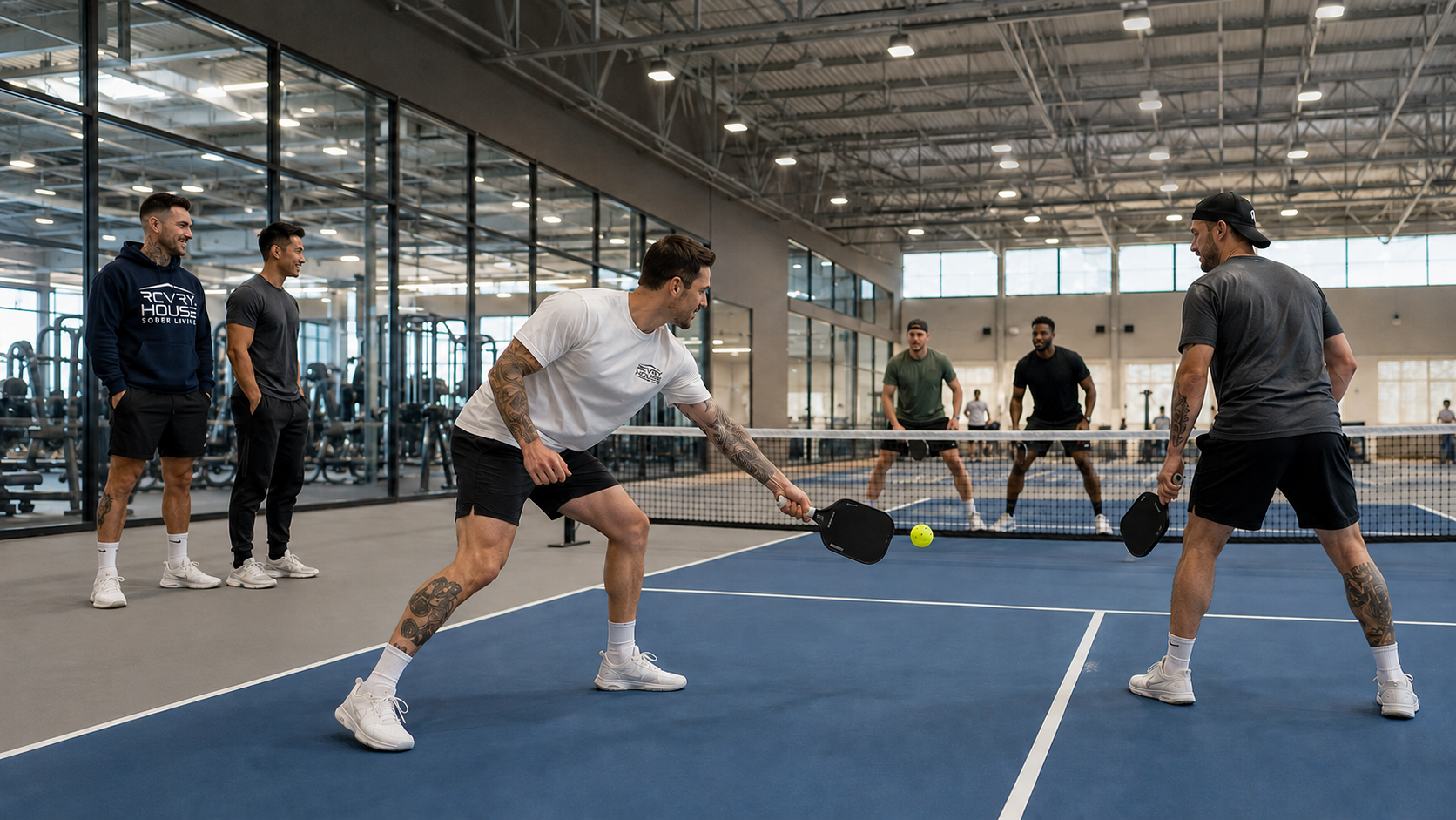 Program participants playing pickleball indoors